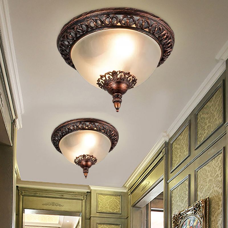 Bowl Living Room Flush Mount Lighting Traditional Frosted Glass 2 Heads Rust Metal Ceiling Light Fixture