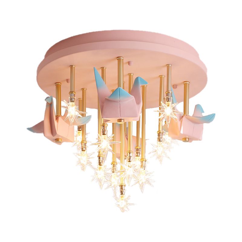 Resin Horse/Bird/Crane Ceiling Light Fixture Kids 13/16 Lights Blue/Pink Flush Mount Lighting with Clear Glass Shade