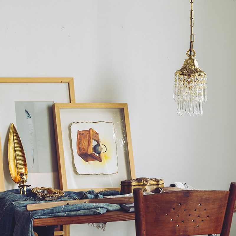 Vintage Wind Chime Crystal Pendant Lamp Golden Relief Crown Hanging Light for Bedroom