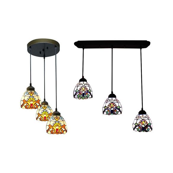 Victorian Domed Multi Light Pendants Stained Glass 3 Lights Hanging Pendant in White for Dining Room