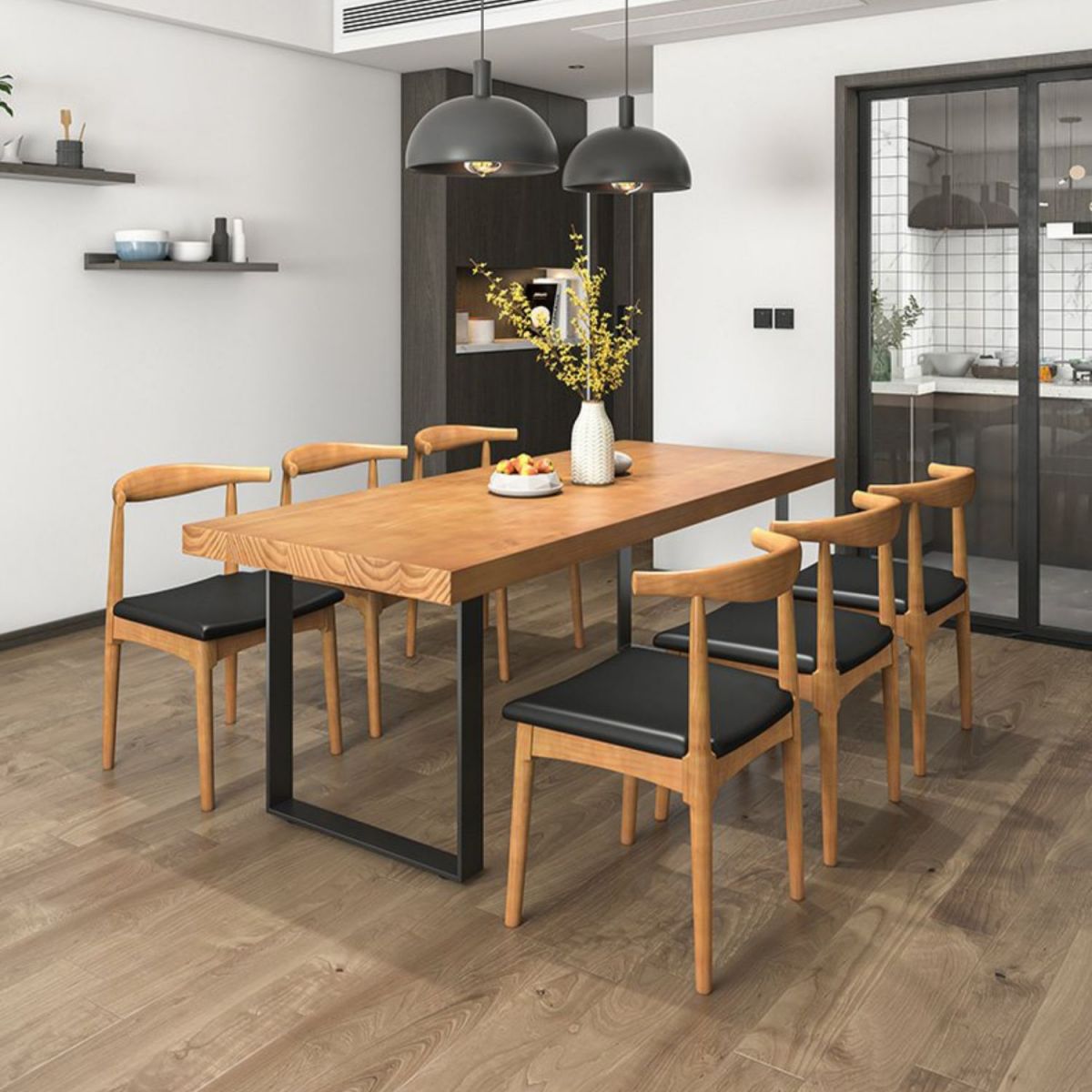 Industrial Dining Table Set 1/3/4/5/7 Pieces Solid Wood Top Table with Cow Horn Chairs