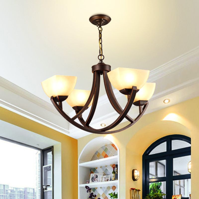 4/6 koppen plafond kroonluchter klassieke trapeziumvormige melkglas hangende hanger met boogarm in brons voor slaapkamer