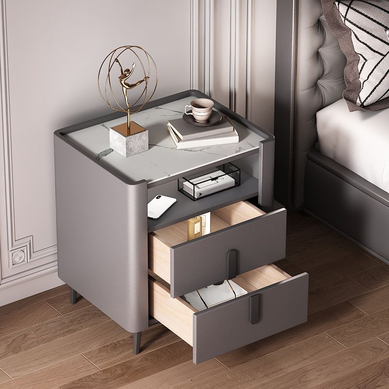 22 Inch H Nightstand Modern Open Storage Stone Top 2-Drawer Night Table with Legs