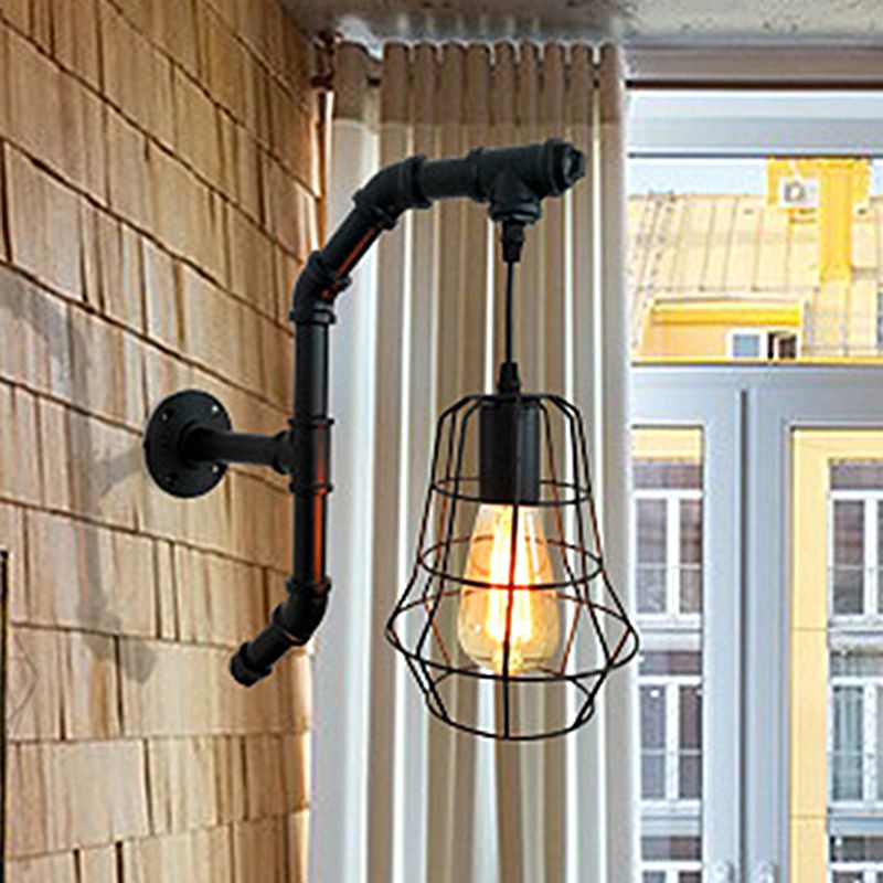 1 Light Cage Wall Lighting Fixture Industrial Black Metal Sconce Light for Bedroom