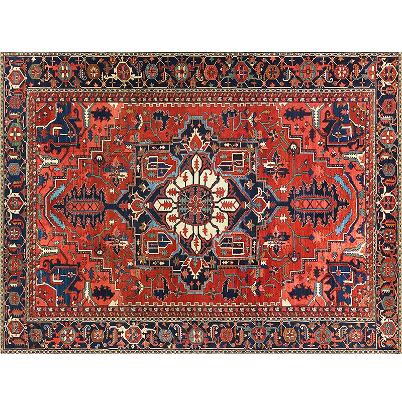 Red Tone Ethnic Print Rug Polyester Moroccan Carpet Non-Slip Backing Indoor Rug for Home Decoration