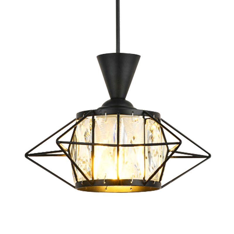 Wire Cage Hanging Pendant Light Modern Metal 1 Light Dining Room Ceiling Lamp in Black/Gold with Drum Crystal Shade