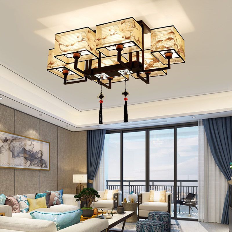 Braune Halbflush -Mount -Lampe Traditioneller Stil Schmiedeeisen Deckenleuchte mit quadratischem Stoff Schatten