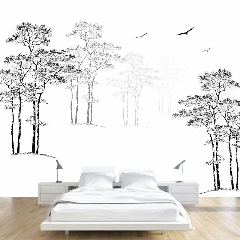Whole Pine Tree Wall Decor for Guest Room Flying Bird Wall Mural in Black and White, Water-Resistant