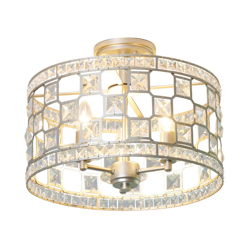 3 Bulbs Cylinder Semi Flush Light Traditionary Clear Glass Ceiling Mounted Fixture in Silver/Gold for Dining Room