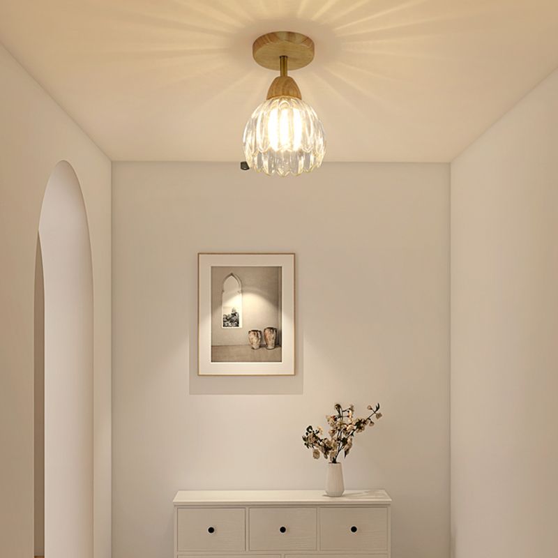 Nordic Flush Mount Flower Ceiling Light Fixture with Wood and Glass for Hallway