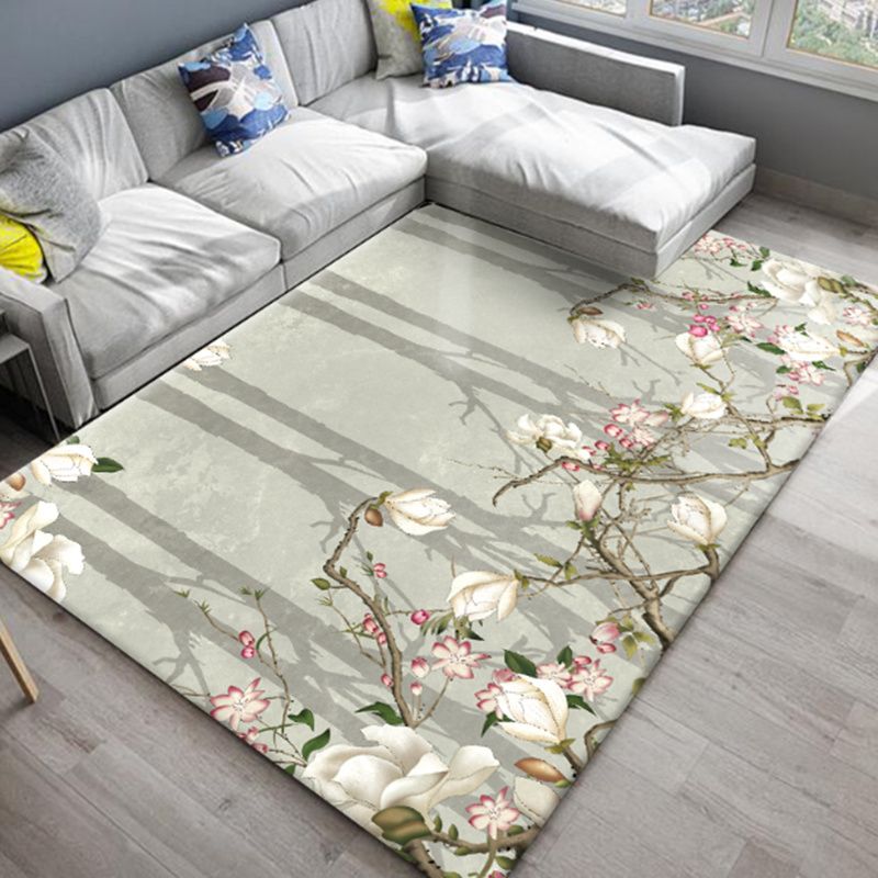 Light Color Botanics Print Rug Polyester Tropical Carpet Non-Slip Backing Indoor Rug for Living Room