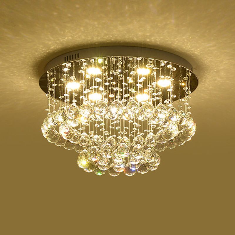 Minimalist LED Flush Lamp Nickel Circle Ceiling Mounted Light with Crystal Drip Shade, 19.5"/23.5" Wide