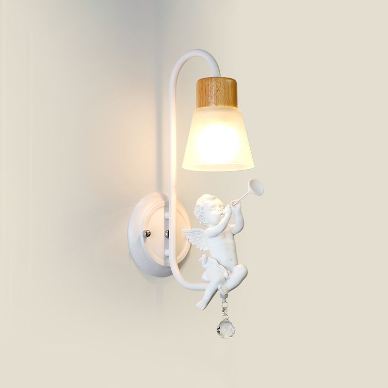 Modern Kids Wood Wall Sconce Geometric Shape Metal Wall Light with Glass Shade for Bedroom