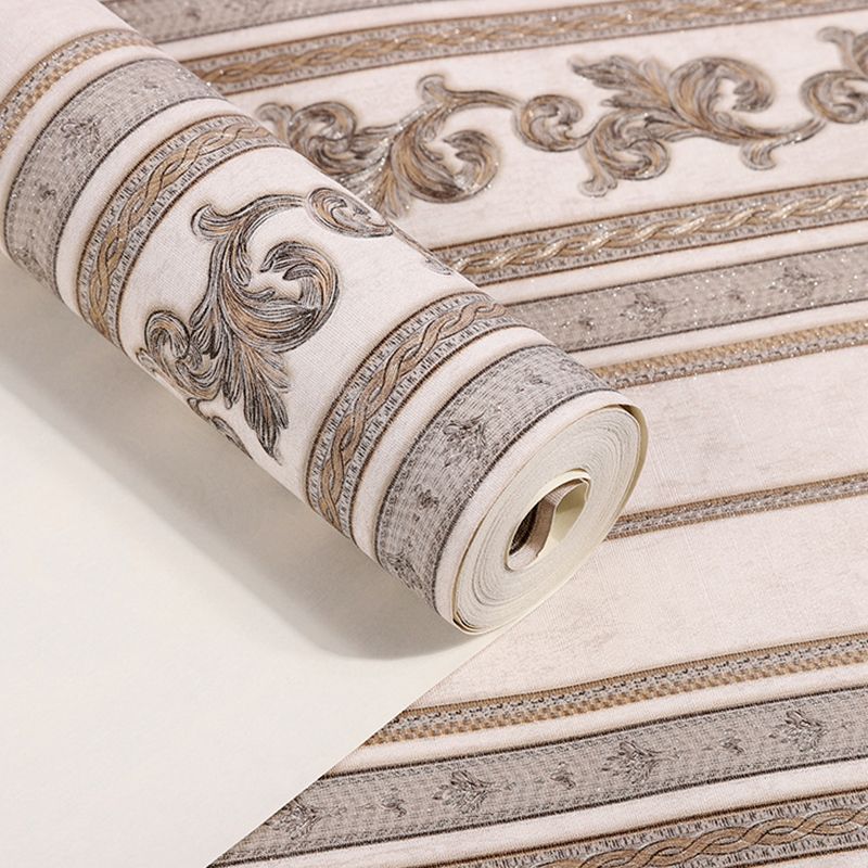 Vinyl Water-Resistant Wallpaper with Natural Color Stripe and Floral Design, 54.2 sq ft.
