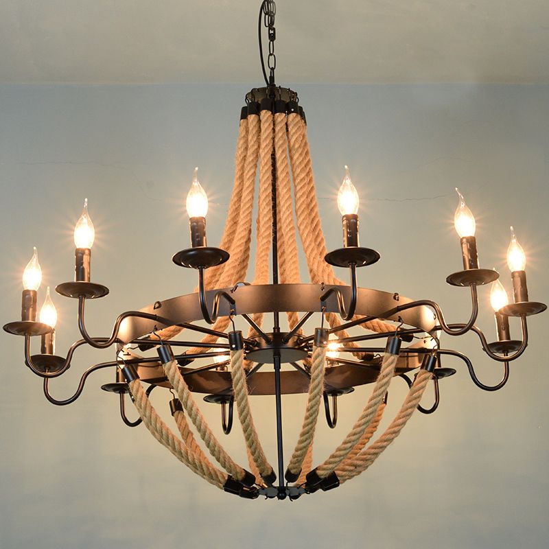 Black Finish Candle Shape Chandelier Light Industrial Rope Style Hanging Pendant Lamp with 39" Adjustable Chain