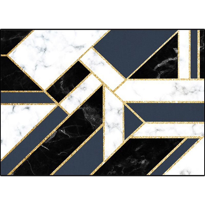 Modern Geometric Pattern Rug with Marble Surface Black Polypropylene Carpet Anti-Slip Pet Friendly Washable Rug for Parlor