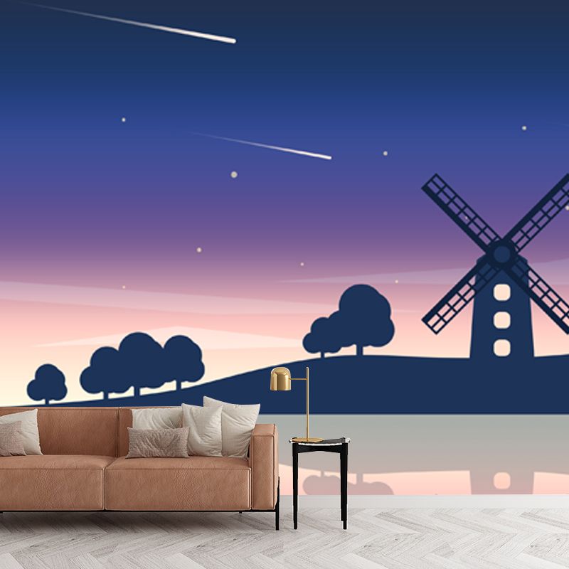 Big Riverside Windmill Mural Wallpaper Nordic Dreamy Meteor Shower Wall Covering in Purple-Blue