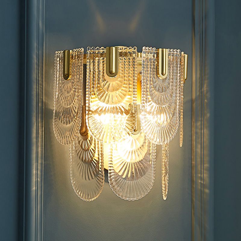 2-Layer Wall Mounted Lamp Modern Carved Glass 3-Light Gold Wall Sconce for Living Room