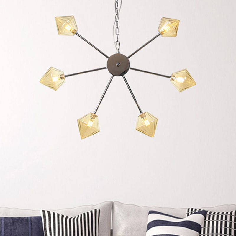 Diamond Shade Hanging Lighting Industrial Amber/Clear Glass 6/9/12 Heads Living Room Chandelier Lamp in Black/Brass/Copper