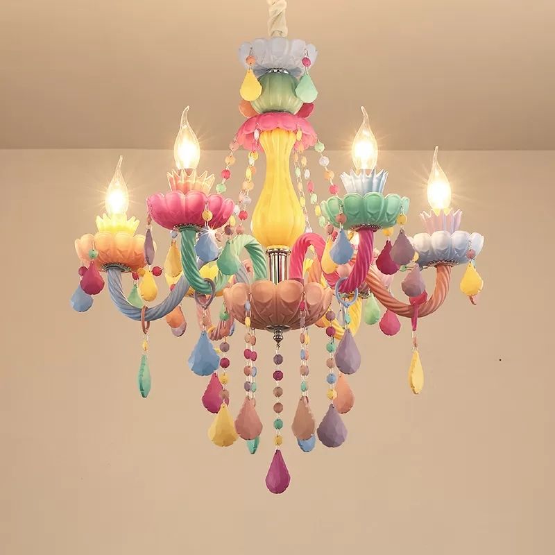Kids Candle Pendant Light with Crystal Glass 6 Lights Multi-Color Chandelier for Child Bedroom
