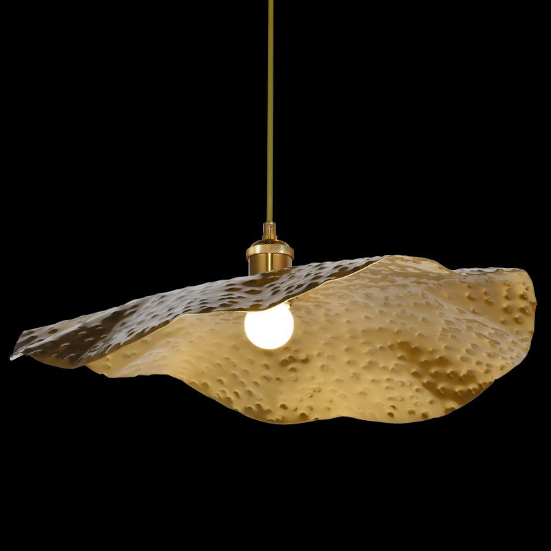 Golden Bronze 1 Light Lotus Leaf Shaped Ceiling Pendant Mid-Century Metal Hanging Lamp for Restaurant