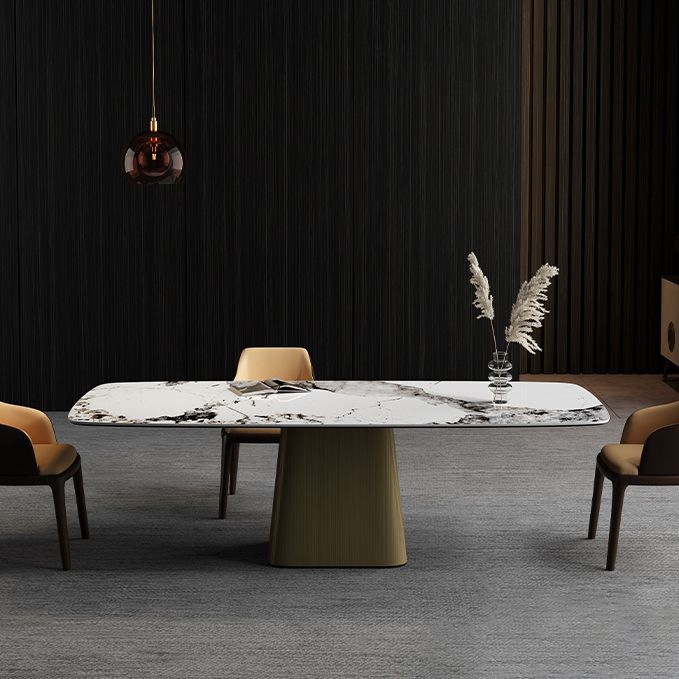 Metal Traditional Luxury Rectangle Table High Gloss White Sintered Stone Table with Pedestal Base