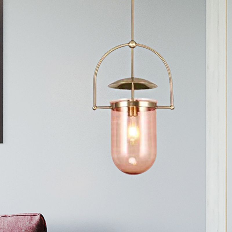 Cylinder Glass Shade Pendant Light Contemporary Amber/Pink 1 Light Hanging Ceiling Light Fixture with Black/Gold Frame