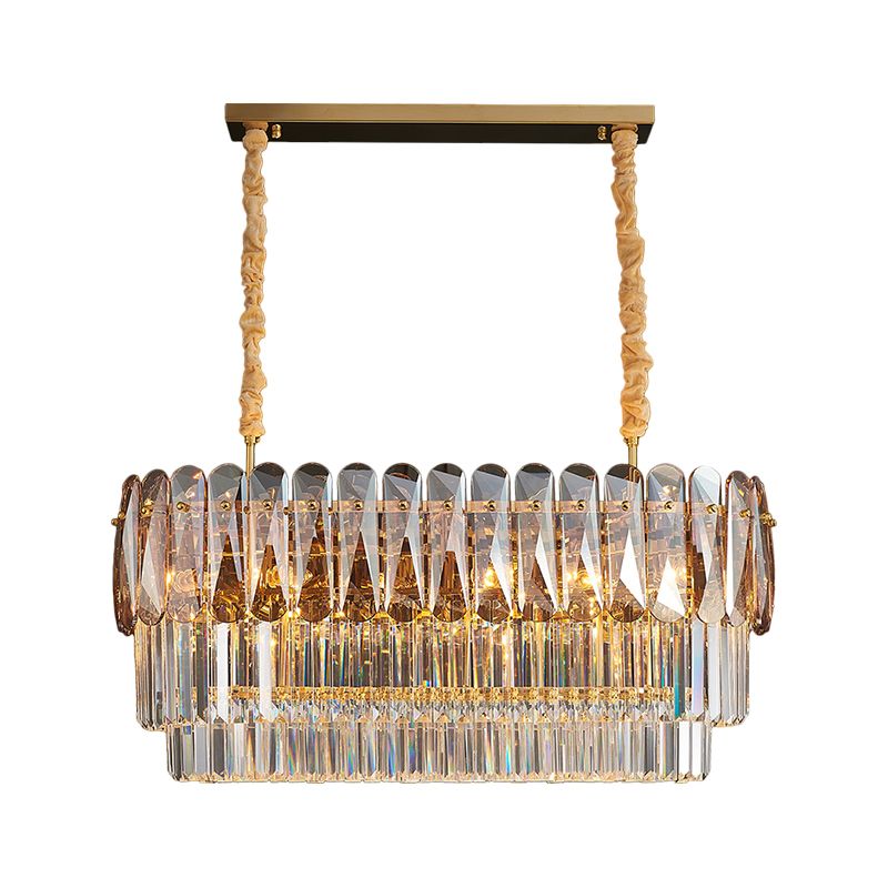 3-Tier Rectangular Dining Room Pendant Amber/Smoke Gray Crystal Block 12-Light Contemporary Island Lamp