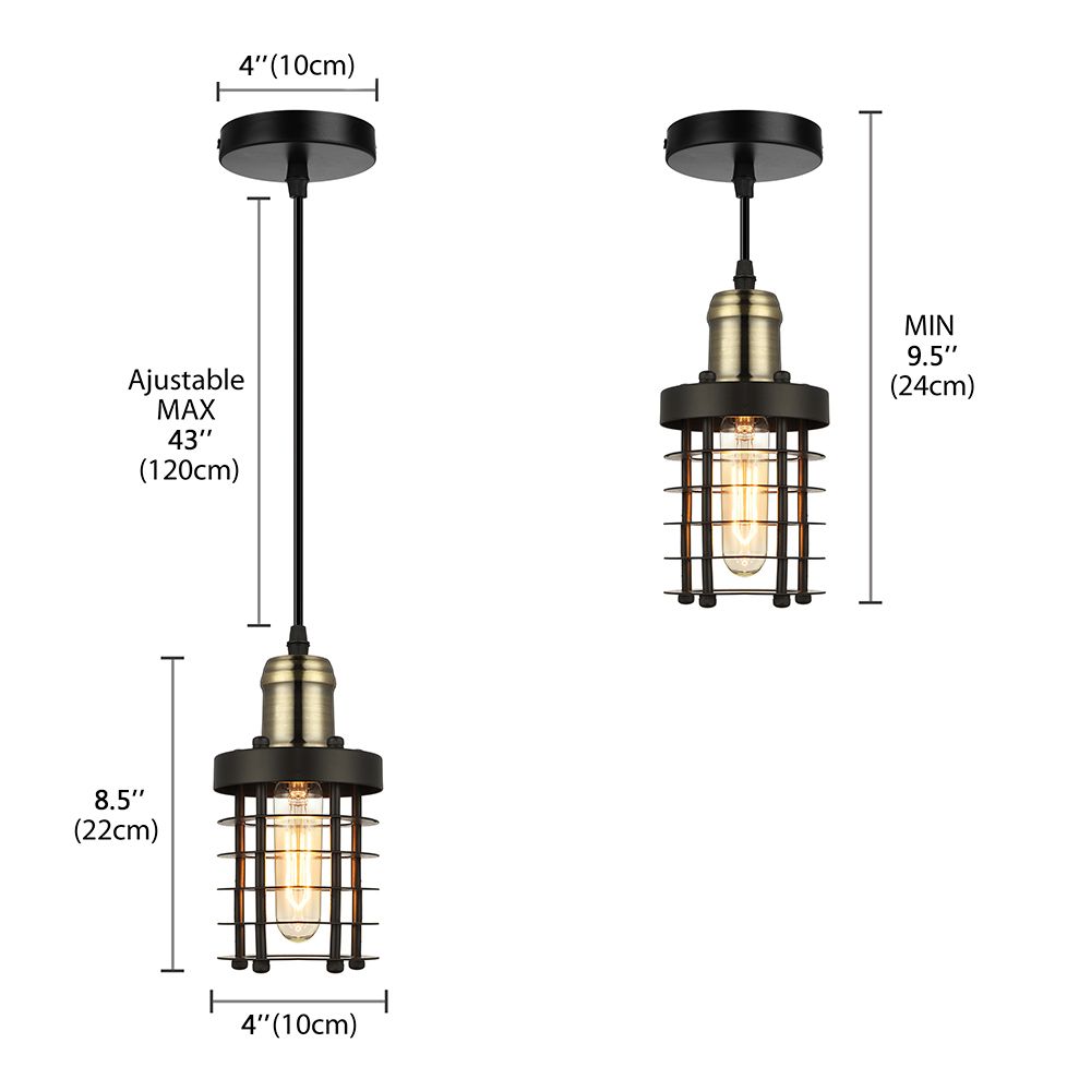 Accesorio de techo cilíndrico de hierro RETRO INDUSTRIAL 1 CABEZA Lámpara colgante de sala de estar con sombra de jaula de alambre en cobre/latón envejecido