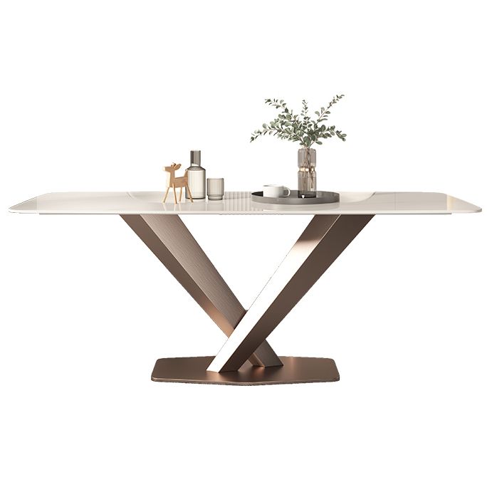 Traditional Luxury Dining Table Rectangle Sintered Stone Pedestal Table with Rose Gold Frame