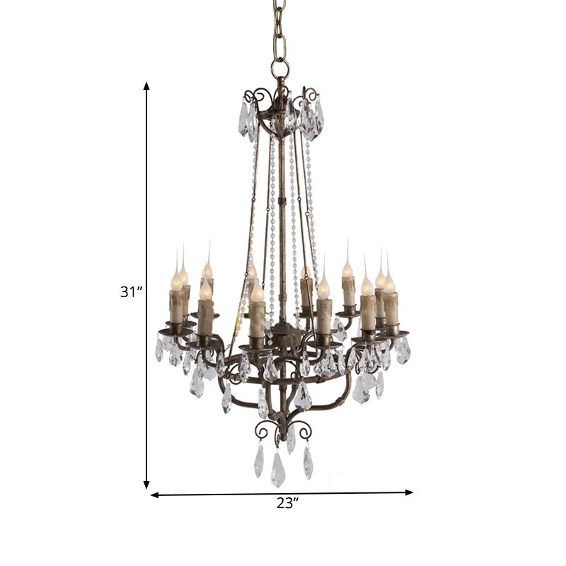 Crystal Candle Ceiling Chandelier Traditional 12 Lights Living Room Pendant Lighting in Bronze