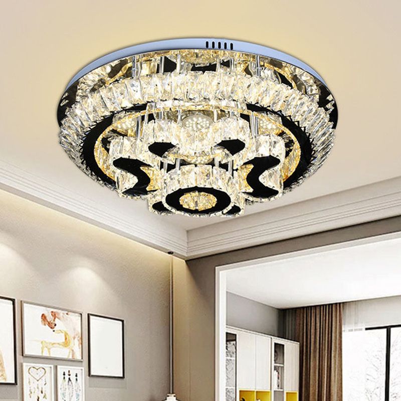 Tiered Ceiling Light Fixture Modern Clear Crystal Block Stainless-Steel LED Flush Mount Lamp for Living Room