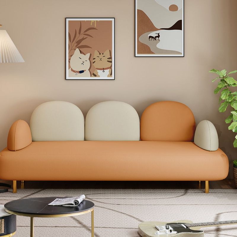 Modern Faux Leather Sofa Metal Gold Legs Recessed Arm Curved Sofa