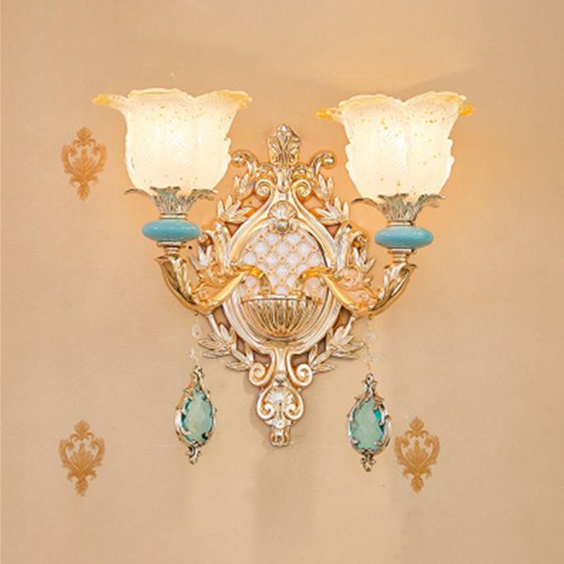 Glass Gold Wall Mount Light Ruffle Flower Retro Wall Lighting with Crystal Draping
