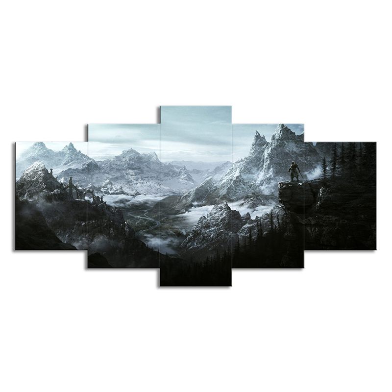 Elder Scrolls Mountains Wall Art Boys Bedroom Game Scene Print Canvas in Grey for Decor