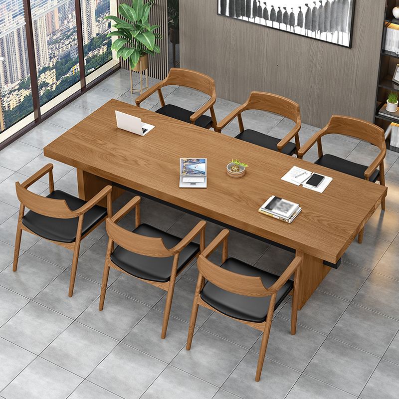 Modern Pine Wood Table in Brown for Restaurant Rectangle Table with Trestle Base