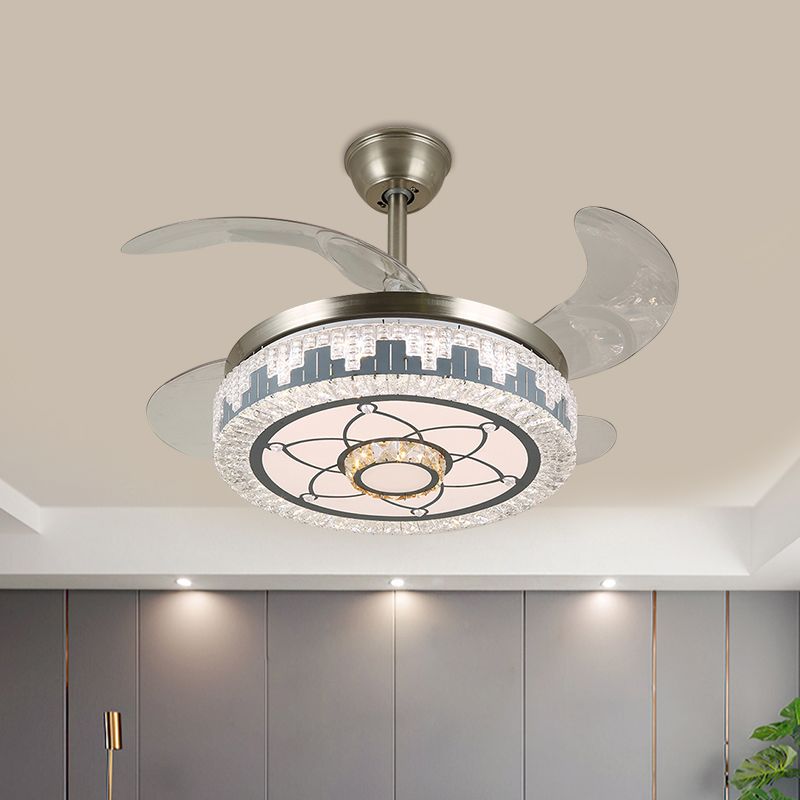 Edelstahl-LED-LED-Lüfterlampe moderne klare Kristallblöcke rundes Halbflush-Licht mit 4 Klingen, 19 "Breite