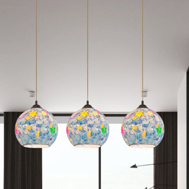 Tiffany Glass Light Blue Multi Pendant Leaf-Pattern Globe 3-Bulb Baroque Ceiling Suspension Lamp