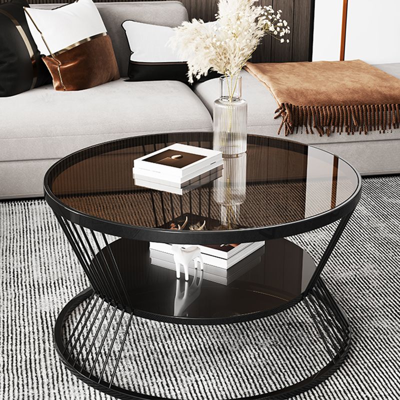 Round Coffee Cocktail Table Glass Top Frame Coffee or End Table with Storage Shelf