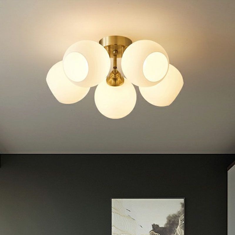 Milky Glass Dome Flush Mounted Light Postmodern Gold Plated Semi-Flush Ceiling Light for Bedroom