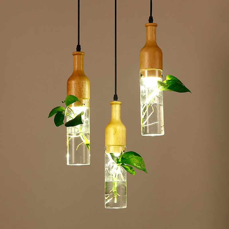 Bottle Restaurant Multi Light Pendant Art Deco Clear Glass 3 Heads Wood Hanging Lamp with Round/Linear Canopy