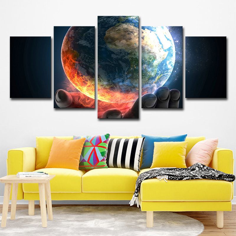 Earth in Hand Wall Art Multi-Piece Science Fiction Sitting Room Canvas Print in Orange