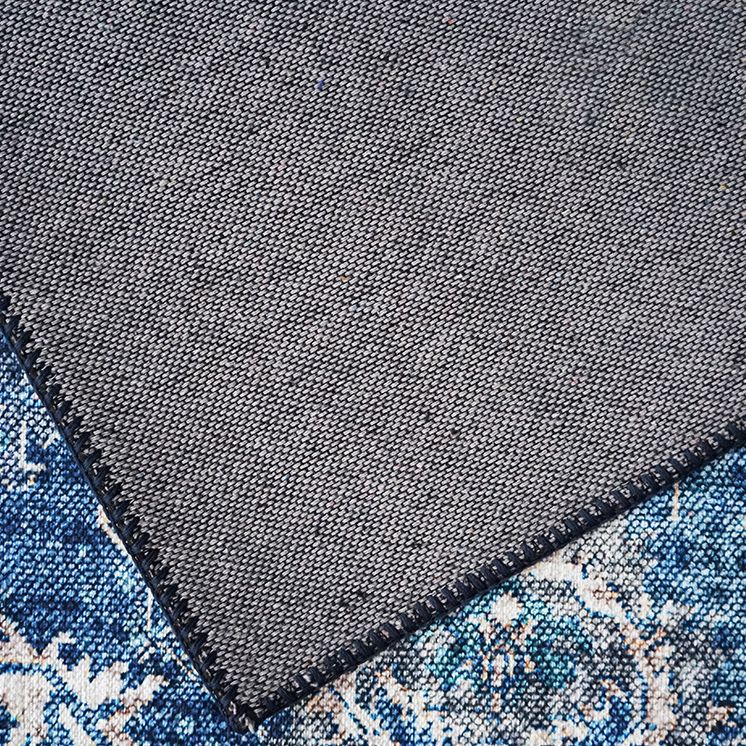 Blue Tone Distressed Area Carpet Polyester Floral Printed Indoor Rug Anti-Slip Backing Carpet for Living Room