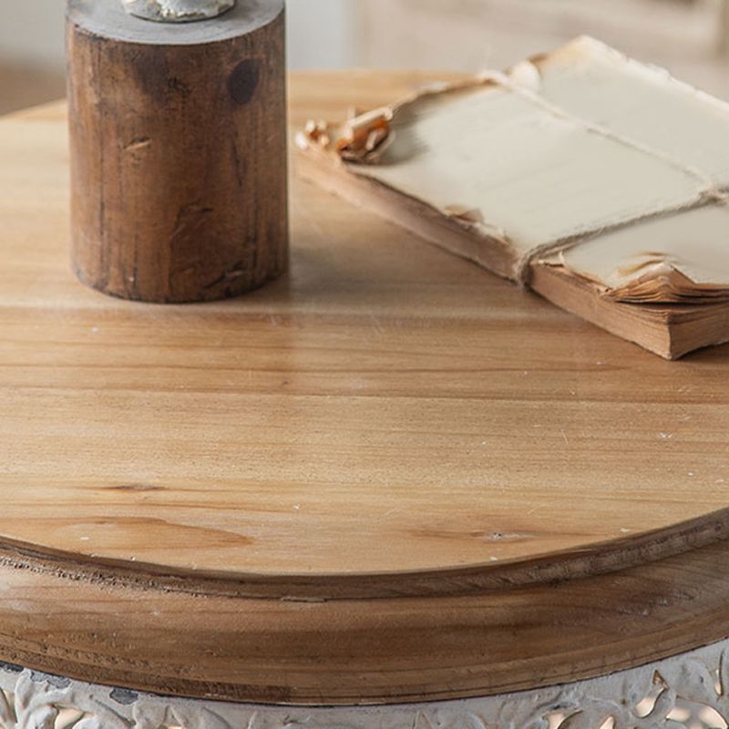 French Country Wood Round Tray Coffee Table Iron Drum Cocktail Table