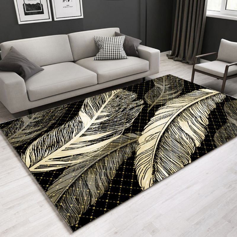 Gold Modern Rug Polyester Leaves Rug Non-Slip Backing Rug for Home Decor
