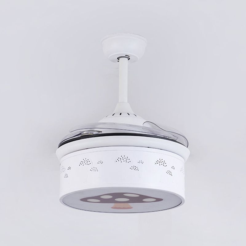 Drum 4 Blades Ceiling Fan Light Kids Metal Living Room 36.5" Wide LED Semi Flush Lamp in White with Mushroom Pattern, Wall/Remote Control
