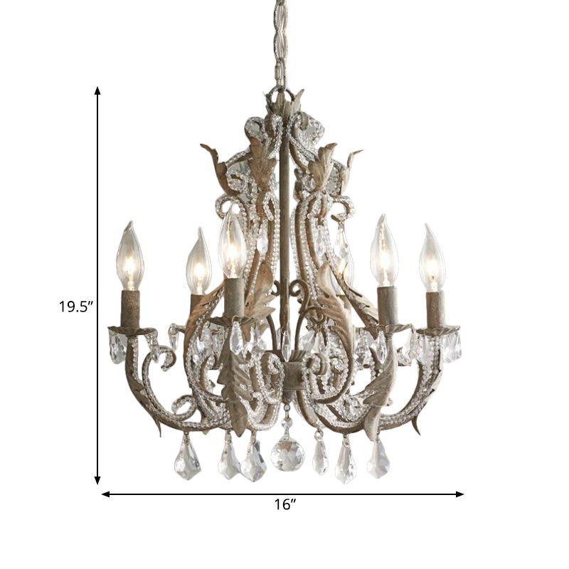 French Country Candle Chandelier 6 Lights Crystal Wrapped Hanging Light in Antiqued Grey