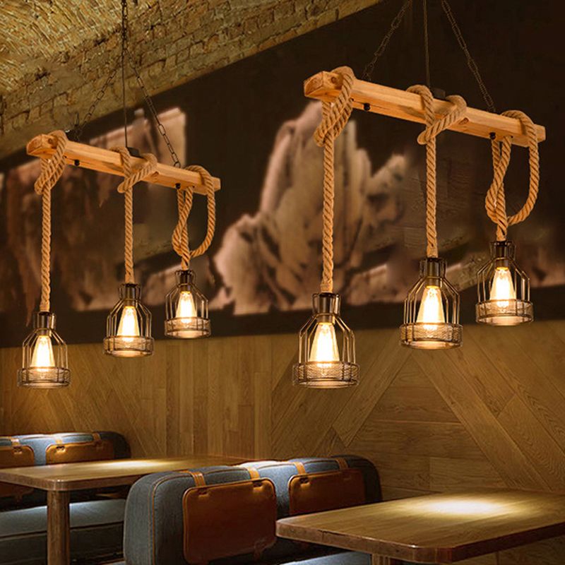 3 / 5 - Light Kitchen Island Fixture Wood and Iron Ceiling Lighting with Hemp Rope