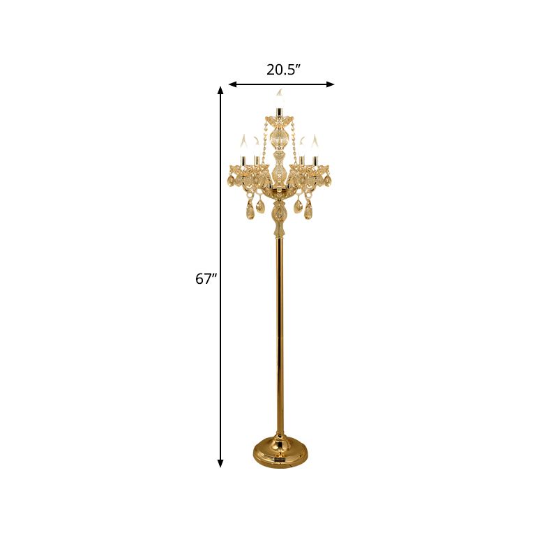 Lámpara de lectura de la sala de velas Cristal transparente tradicional 5/6 bulbos dorado luz de pie con sombra blanca