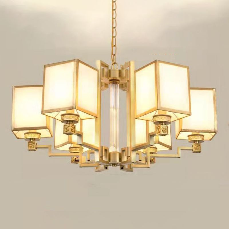 Brass Square Suspension Light Traditional Fabric Lobby Chandelier Light Fixture